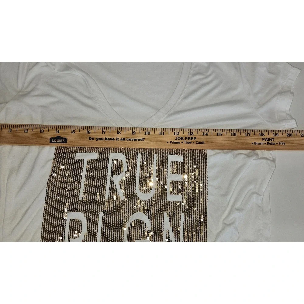 True Religion Womens L White Deep V-Neck Gold Sequin Block Logo‎ Graphic Tee